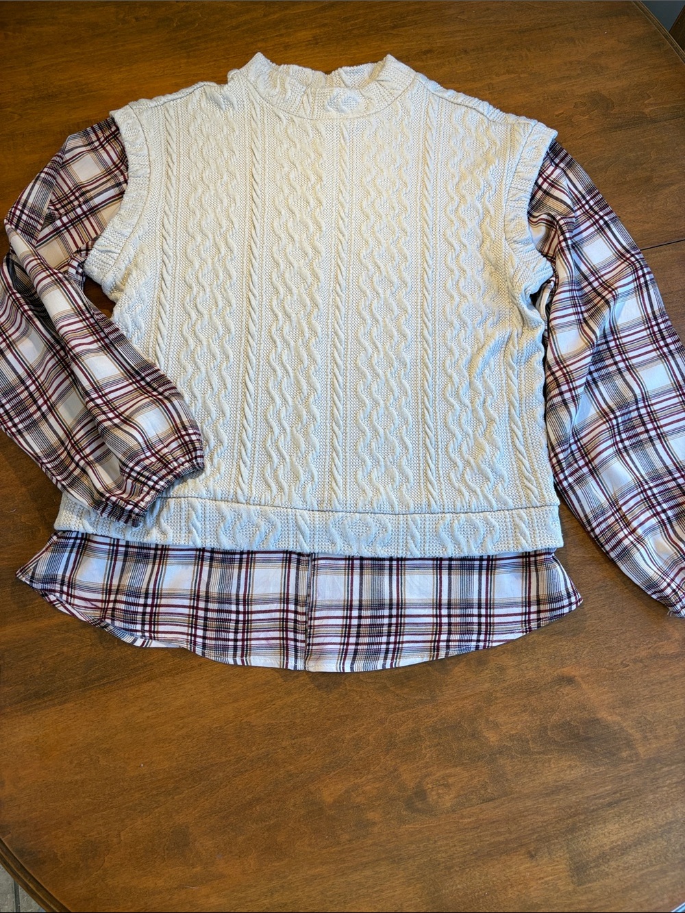 Maurices Cream Cable-Knit Sweater Vest with Plaid Layered Hem and Sleeves
